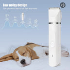 Pet grooming clipper with a sleeping dog in the background on a light blue background