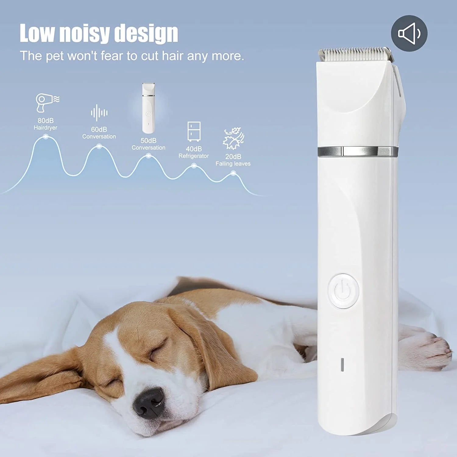 Pet grooming clipper with a sleeping dog in the background on a light blue background