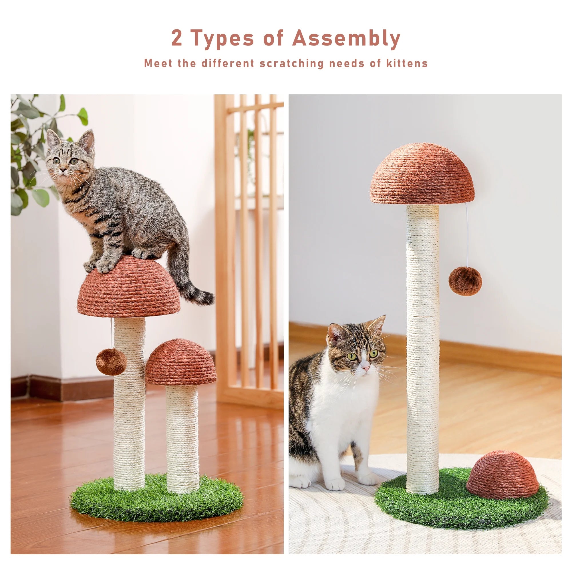 2 Mushrooms Cat Scratching Post – 19" Sisal Rope Cat Scratcher with Grass Base & Dangling Ball, Cute Mushroom Design for Kittens & Small Cats