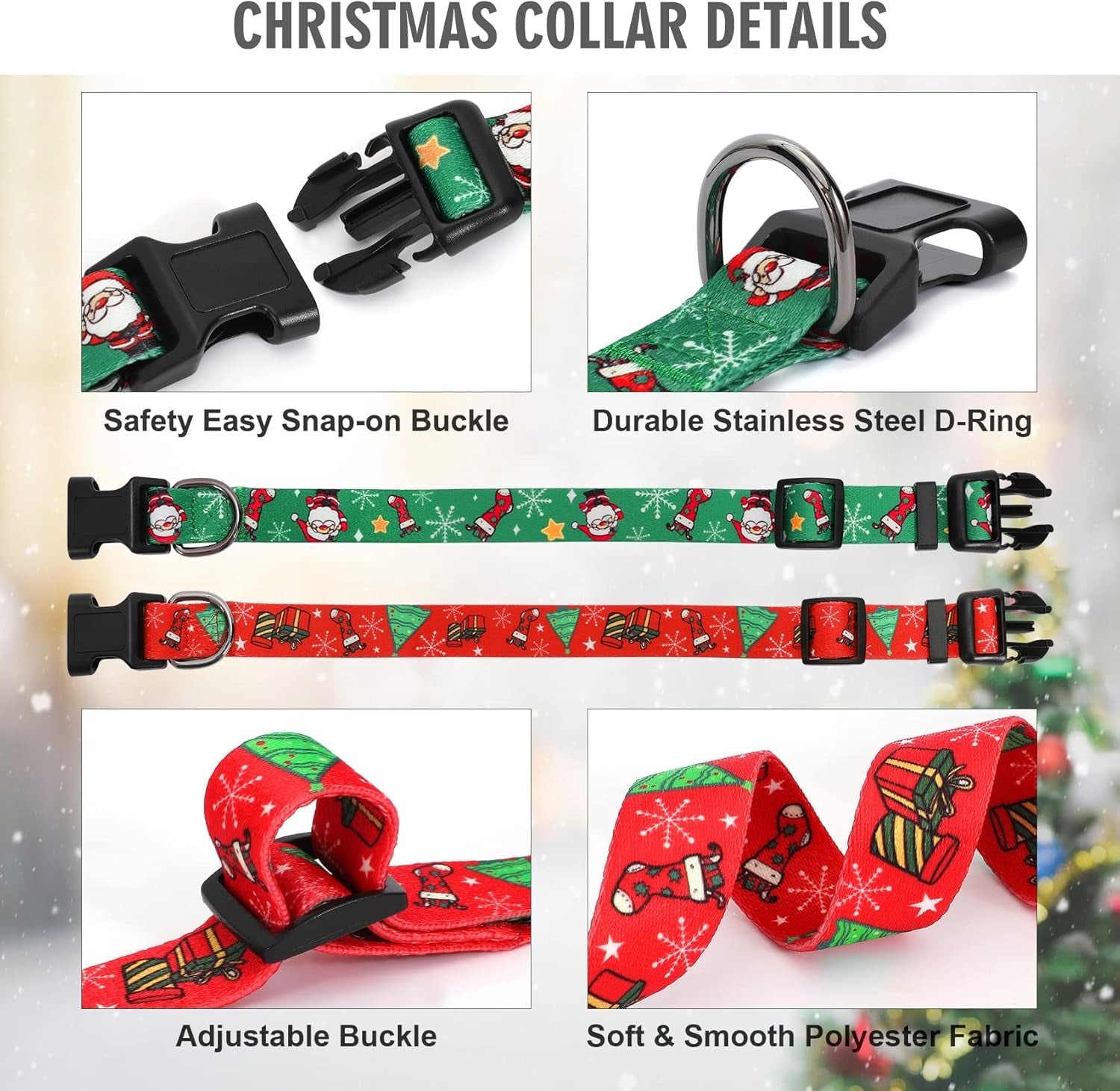 Christmas Dog Collar - Adjustable Pet Collar with Santa & Snowflakes