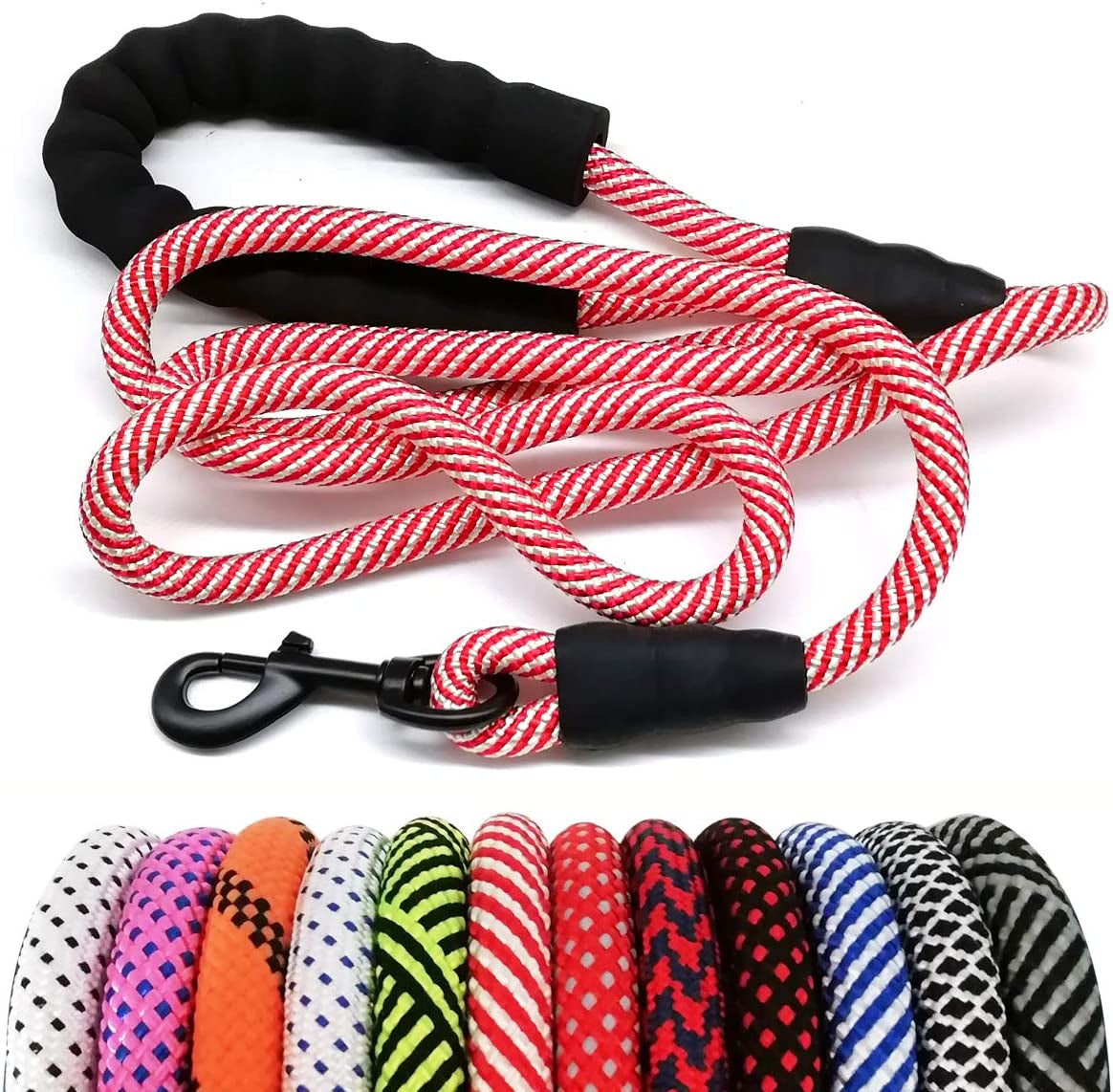 Red and white rope dog leash with black handle and clip, displayed with additional colorful leashes below.