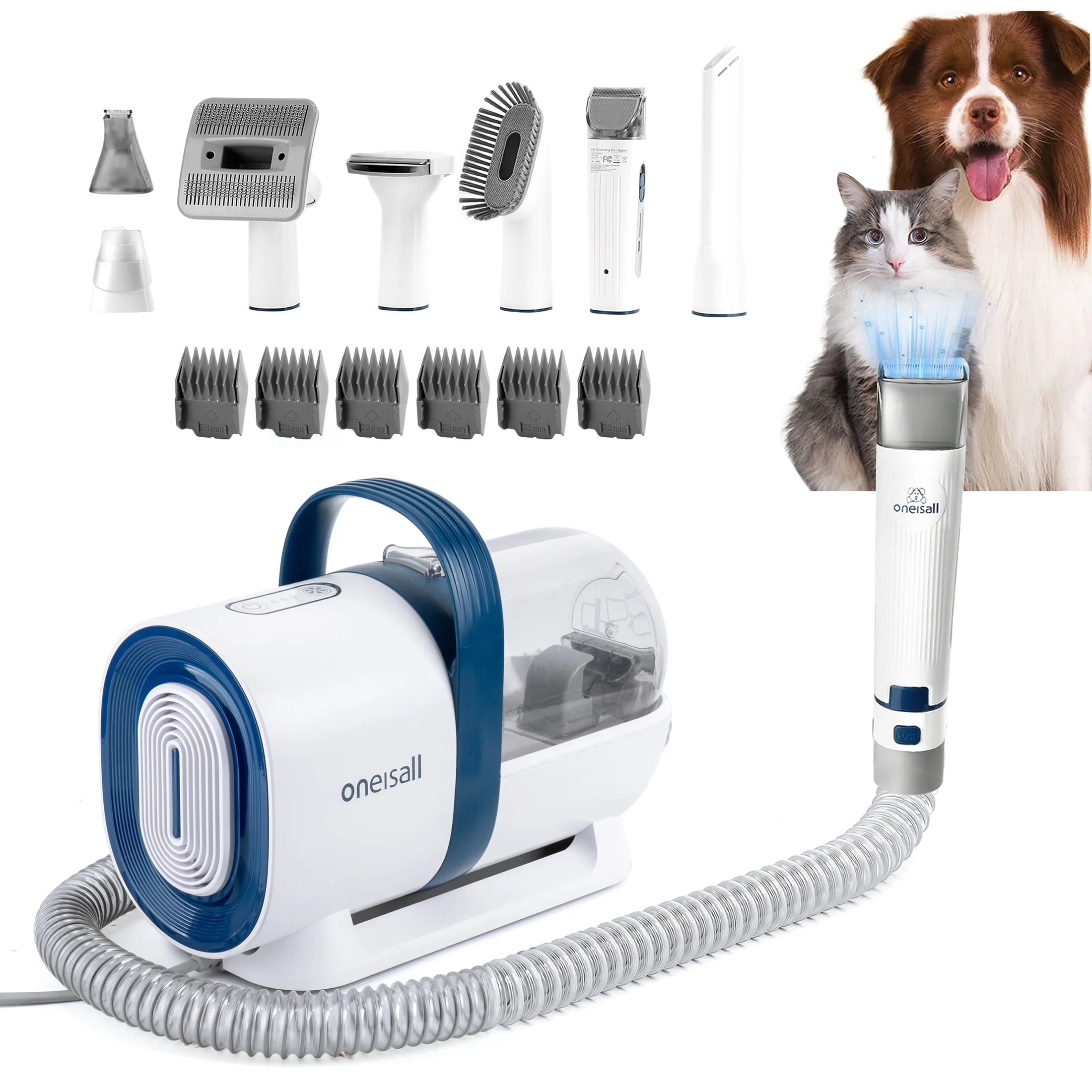 Oneisall 7-in-1 Dog Grooming Kit & Low Noise Pet Grooming Vacuum – 1.5L Large Dust Cup, 7 Professional Tools for Shedding, Hair Trimming & Home/Car Cleaning