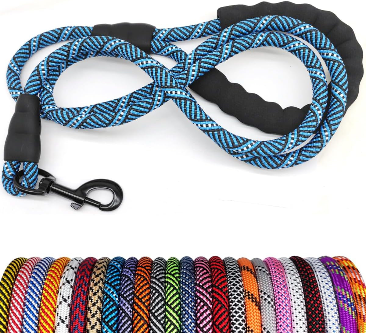 Blue braided dog leash with black clip on a white background, with additional color options below.