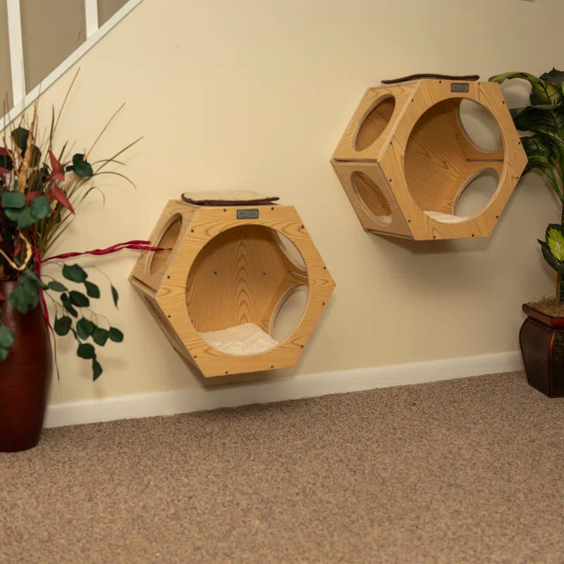 Natural Wood Cat Wall Tree Set | 2 Hexagonal Wall Condos