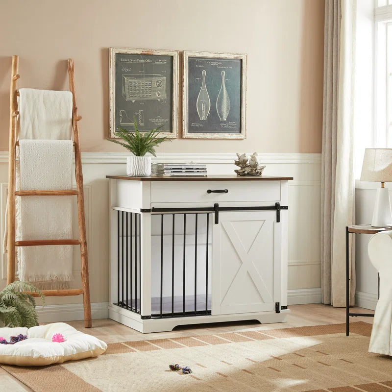 Large Dog Crate Furniture with Barn Door & Drawer – Rustic Wood