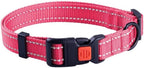 Pink dog collar with reflective strip and black buckle on a white background