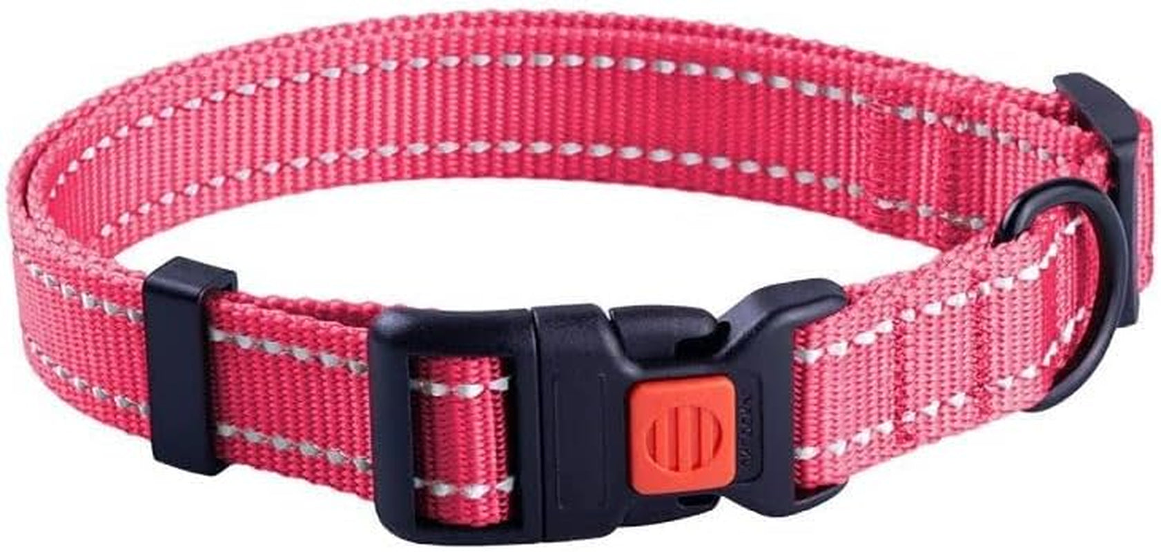 Pink dog collar with reflective strip and black buckle on a white background