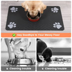 Dog eating from a bowl on a black mat with paw prints, featuring text 'Say Goodbye to Your Messy Floor'.