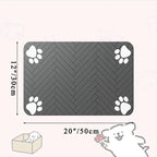 Gray pet mat with paw prints and dimensions on a white background