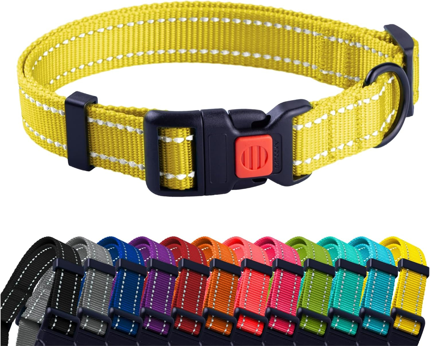 Yellow dog collar with reflective strip and multiple color options displayed below on a white background