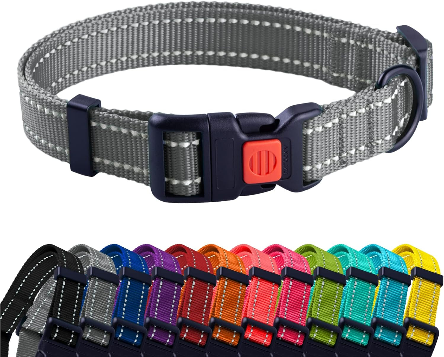 Gray dog collar with a row of colorful collars below on a white background