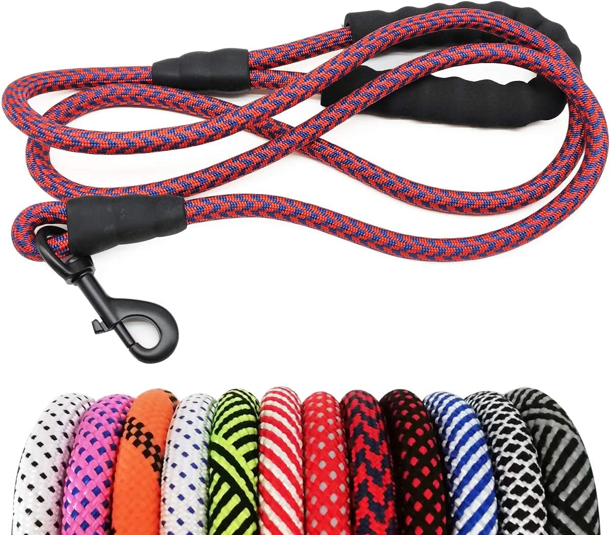Red and blue braided dog leash with black clip on a white background, with additional color options displayed below.