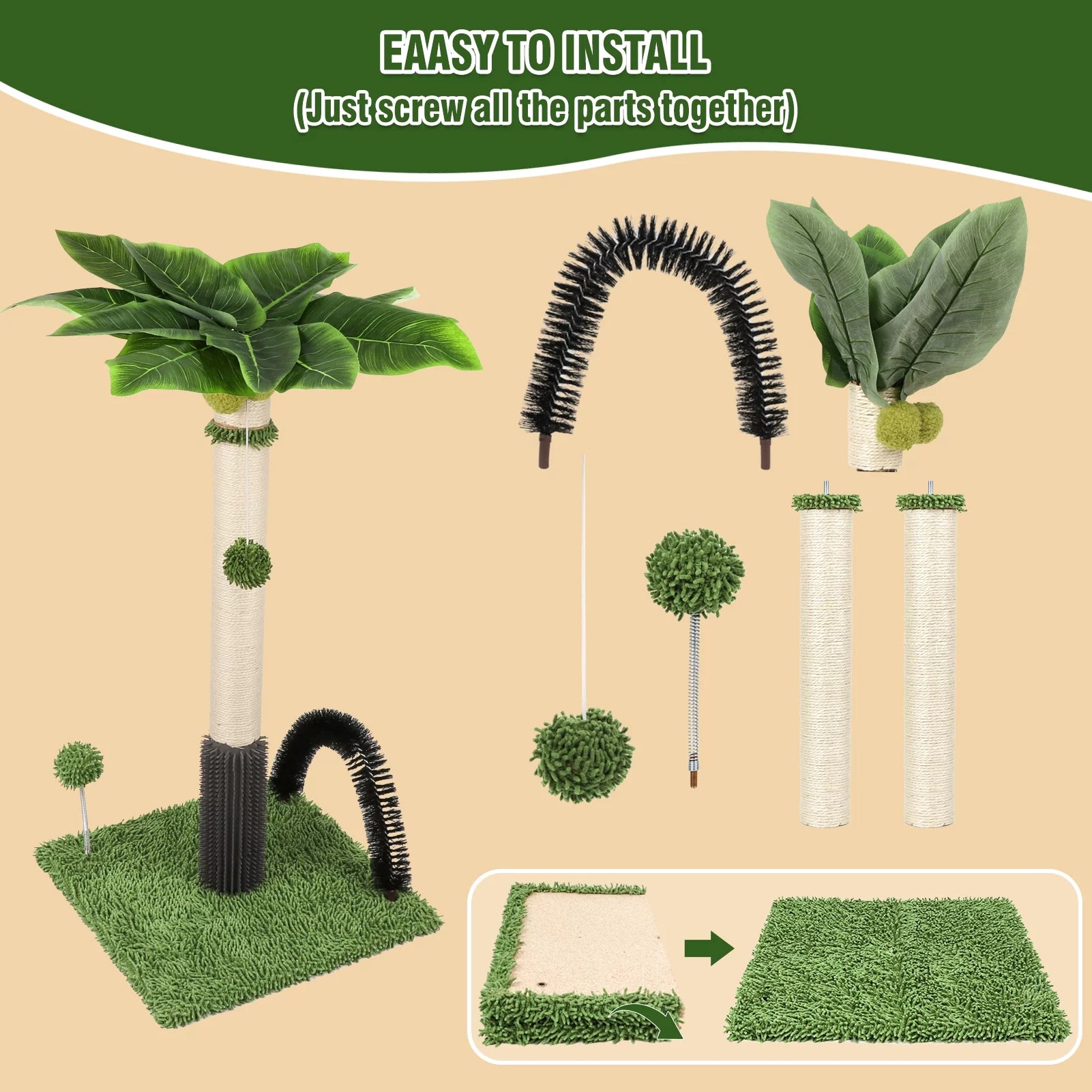 Cat Post 38" – Tall Cat Scratching Post for Indoor Cats with Dangling Ball & Spring Toy (Green)