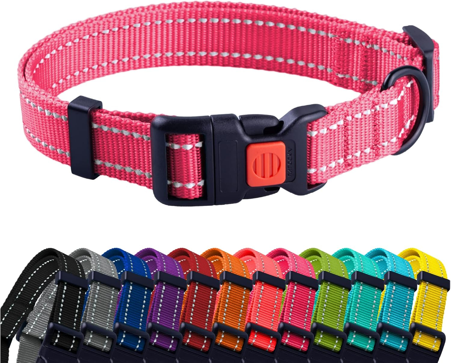 Pink dog collar with reflective strip and multiple color options displayed below on a white background