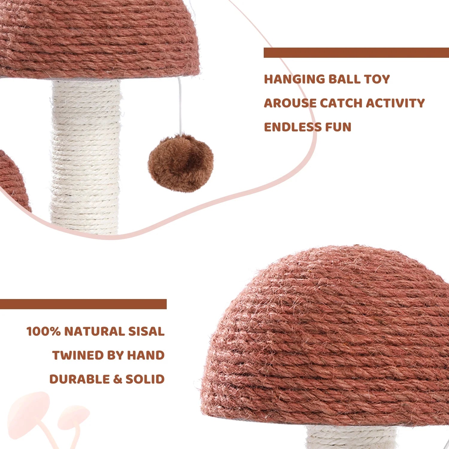 2 Mushrooms Cat Scratching Post – 19" Sisal Rope Cat Scratcher with Grass Base & Dangling Ball, Cute Mushroom Design for Kittens & Small Cats