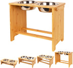 Wooden pet feeding station with stainless steel bowls on a white background