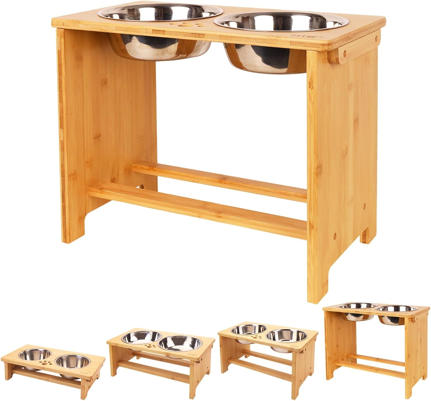 Wooden pet feeding station with stainless steel bowls on a white background