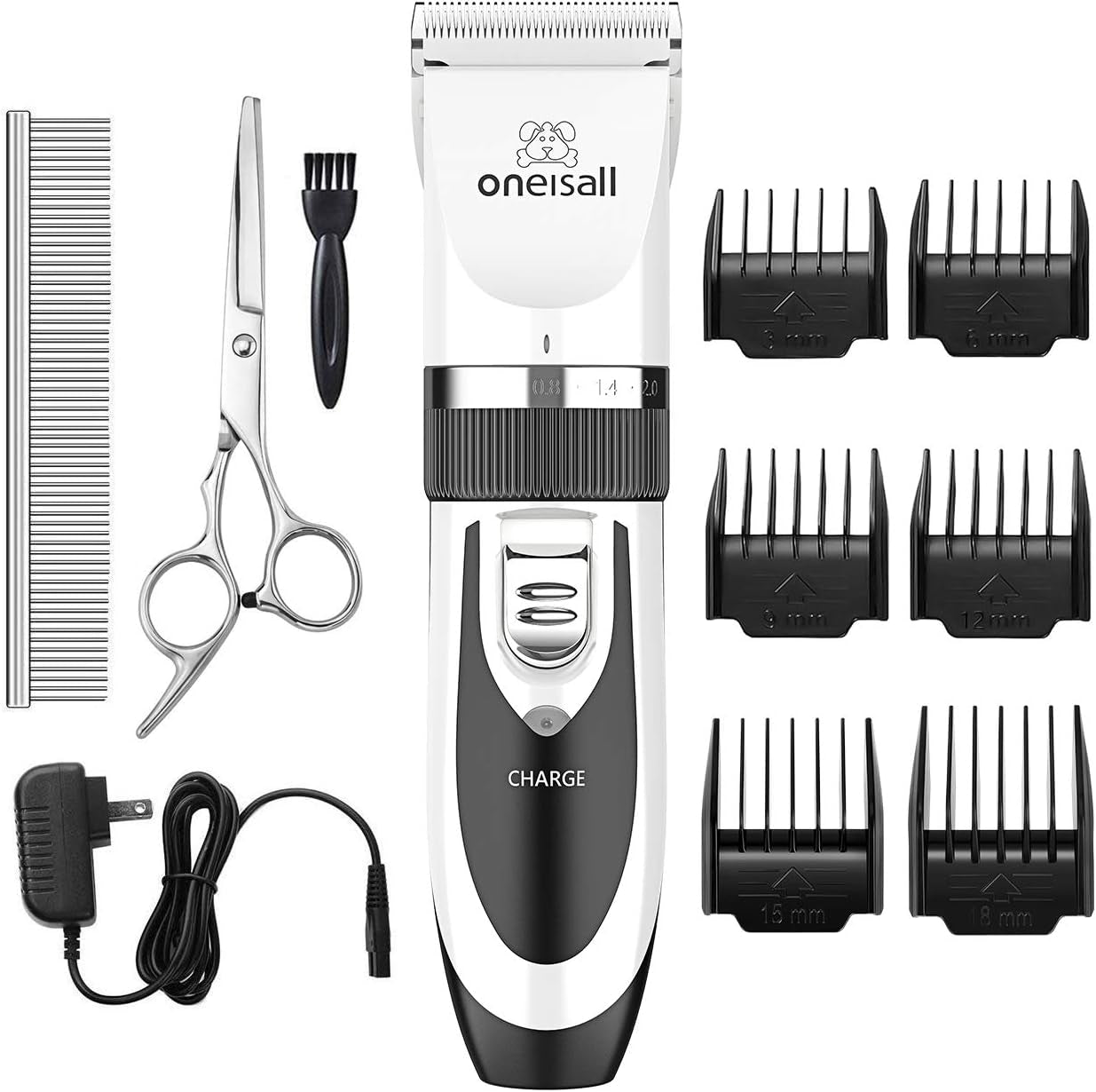 Hair trimmer set with attachments and accessories on a white background