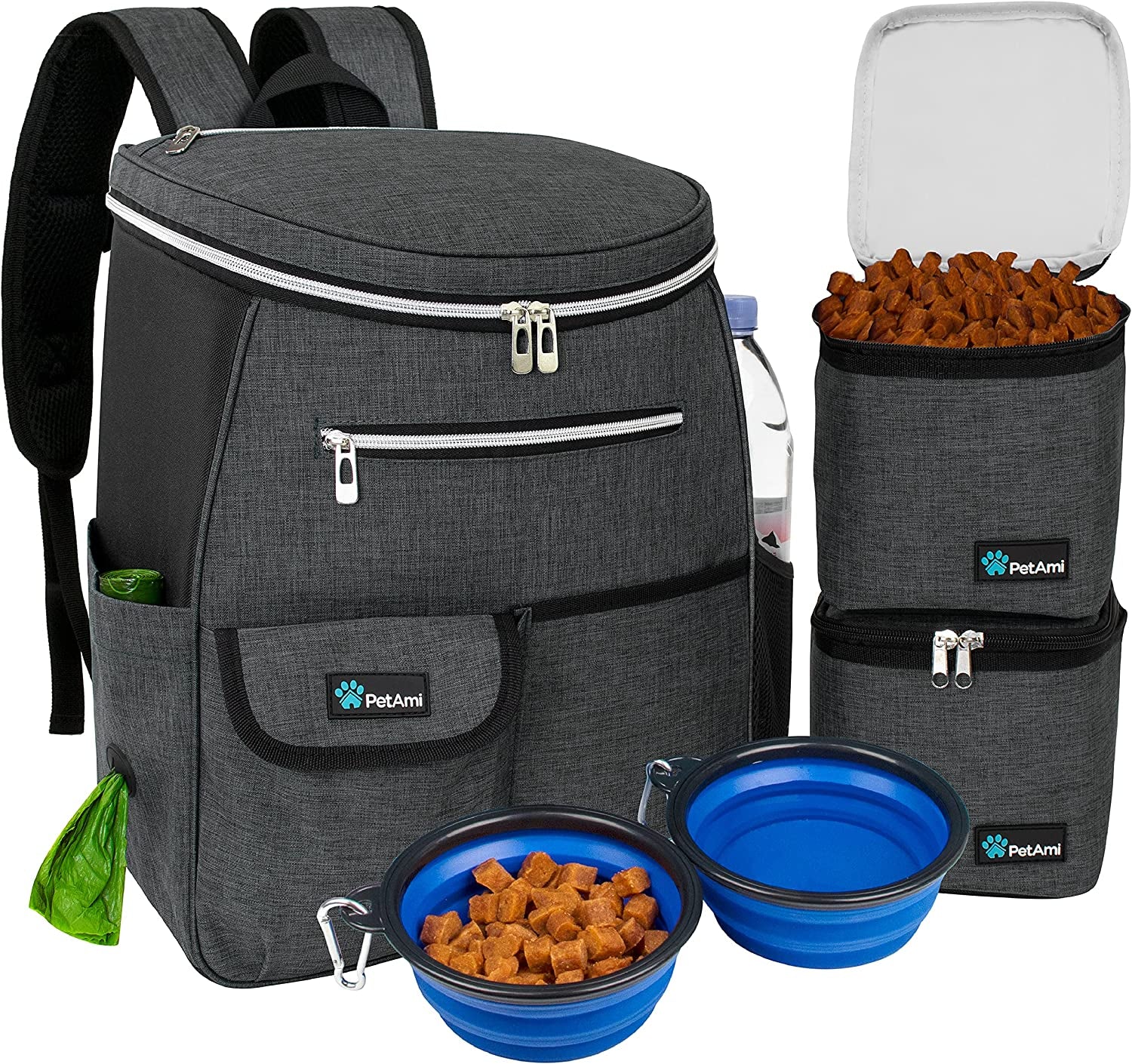 Airline Approved Dog Travel Backpack - Ultimate Pet Backpack with Food Container, Collapsible Bowls & Puppy Diaper Bag - Perfect for Hiking & Camping - Ideal Dog Mom Gift - Dark Gray