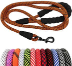 Dog leash with black and orange pattern on a white background