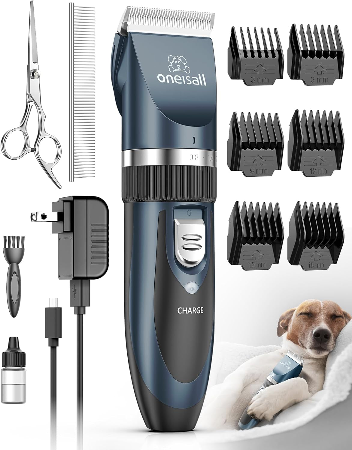 Pet grooming kit with oneisall clipper, scissors, and attachments on a white background.