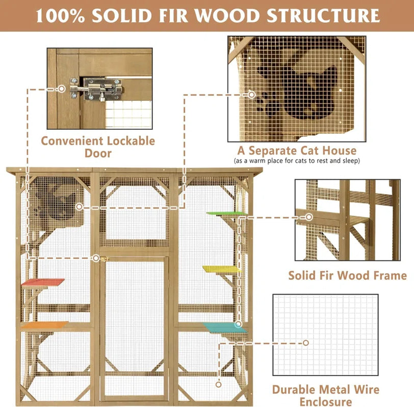 Large Wooden Outdoor Cat Enclosure – Safe & Weatherproof Catio for Cats