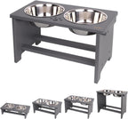 Gray elevated pet feeder with two stainless steel bowls on a white background