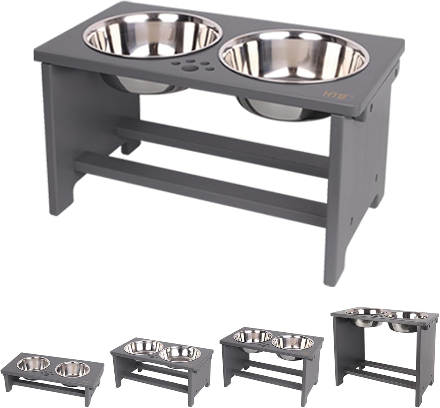 Gray elevated pet feeder with two stainless steel bowls on a white background