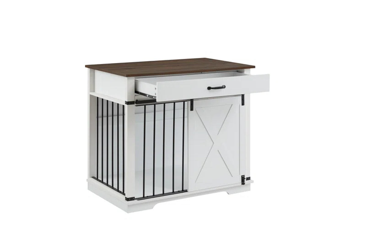 Large Dog Crate Furniture with Barn Door & Drawer – Rustic Wood