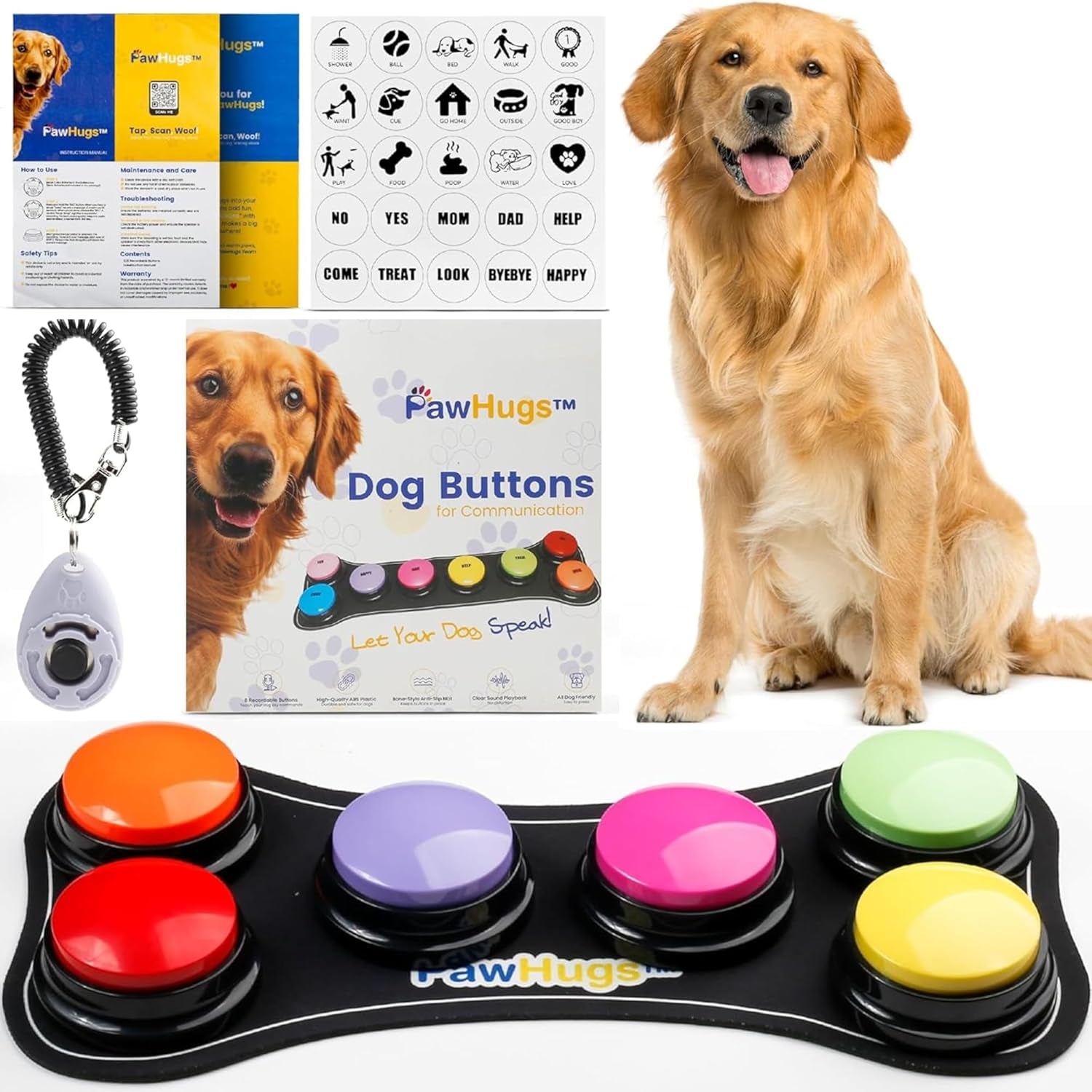 Train Your Dog with Recordable Buttons – 6 or 8 Pack Talking Button Set with Mat & Clicker