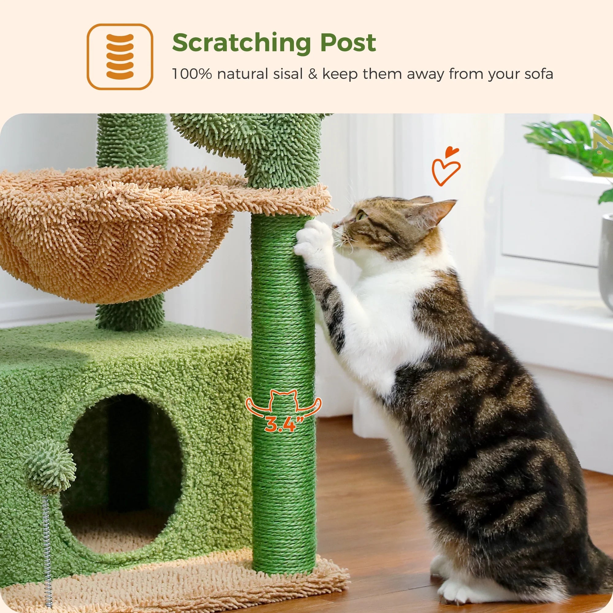 Cat Tree 33" Cactus Cat Tower – Multi-Level Scratching Post with Hammock, Condo & Large Perch for Medium Indoor Cats