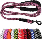 Pink and black braided dog leash with a clip on a white background, surrounded by other colorful leashes.