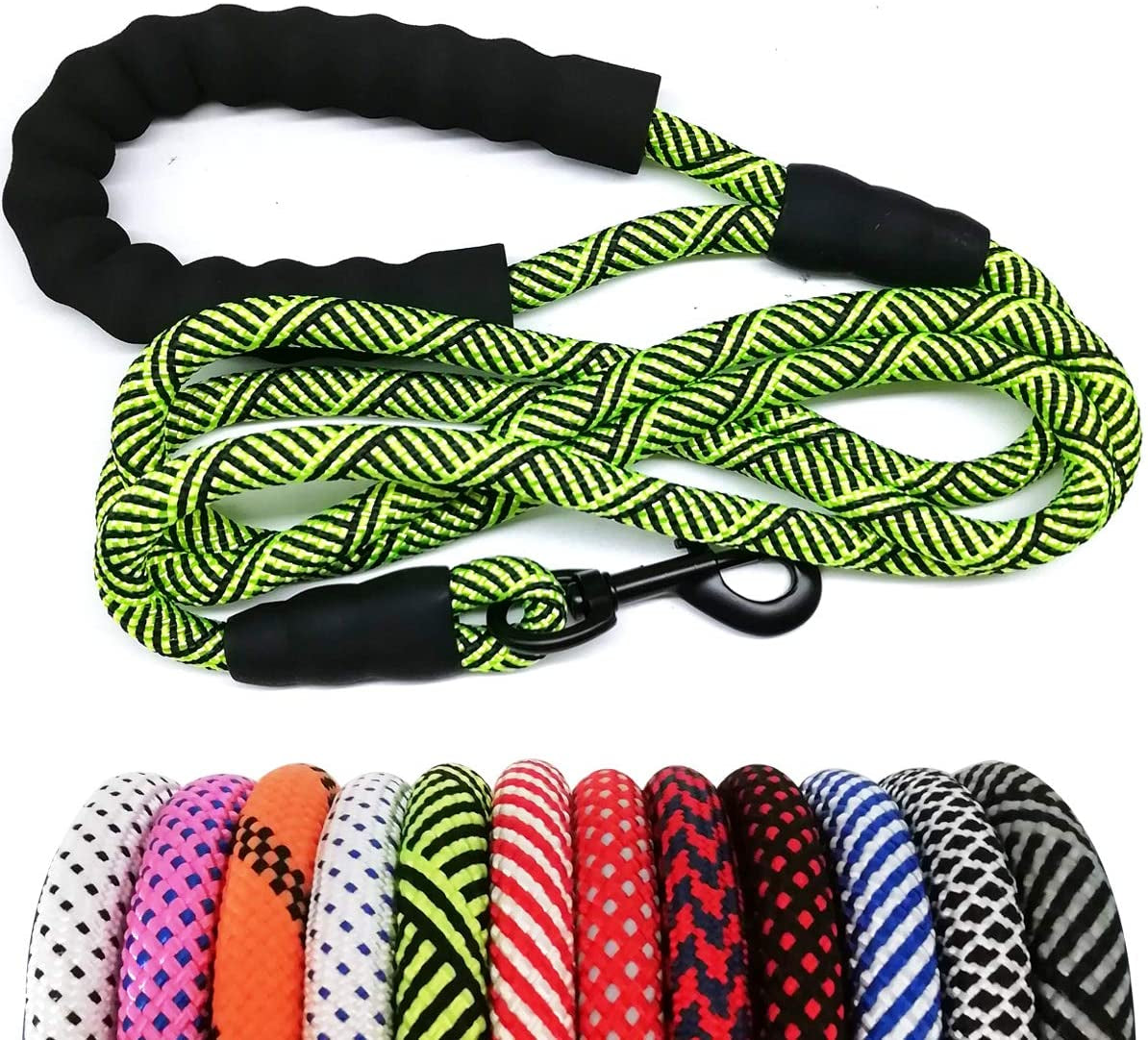 Green and black braided dog leash with a carabiner on a white background, with additional color options displayed below.