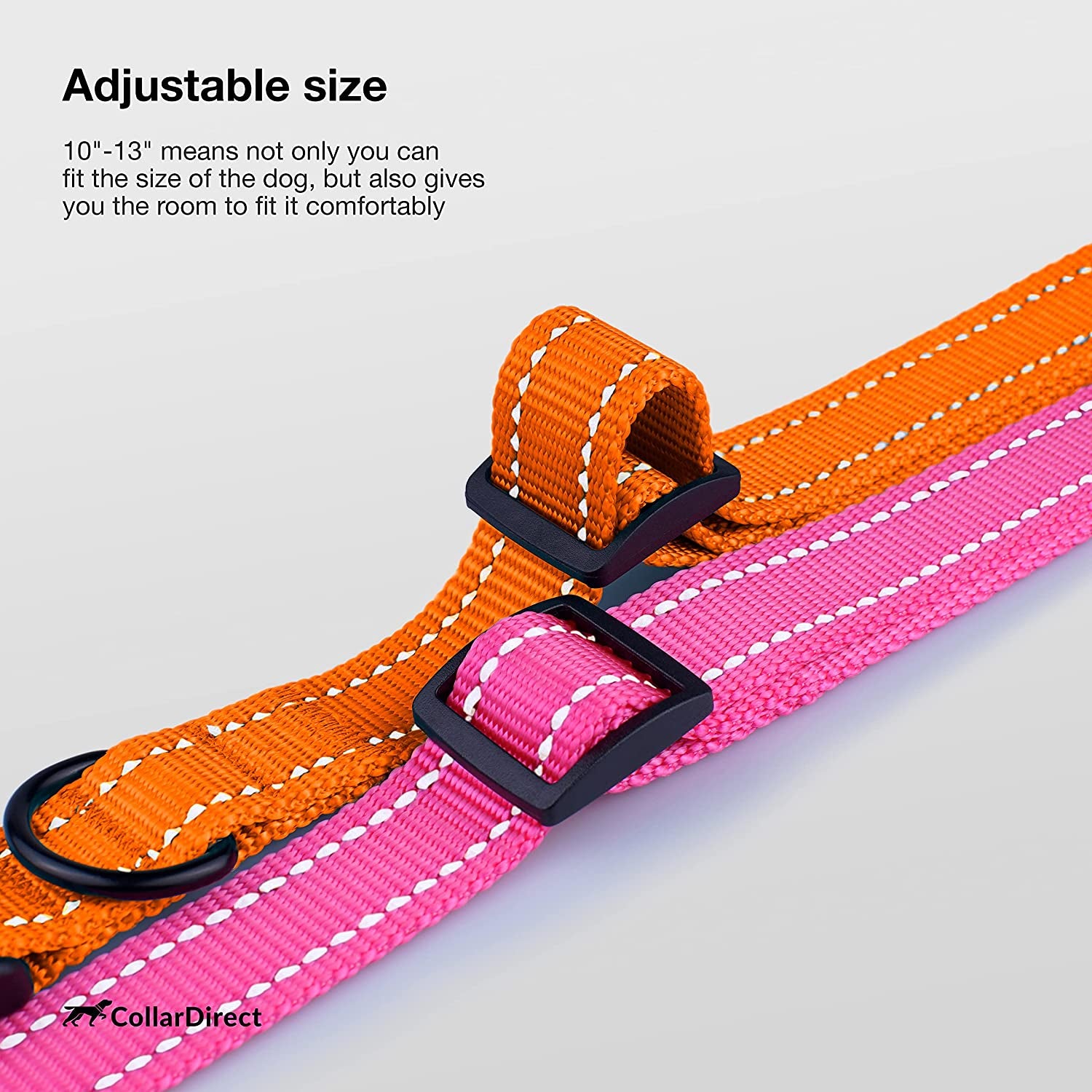 Pink and orange dog collar with adjustable size feature on a light gray background