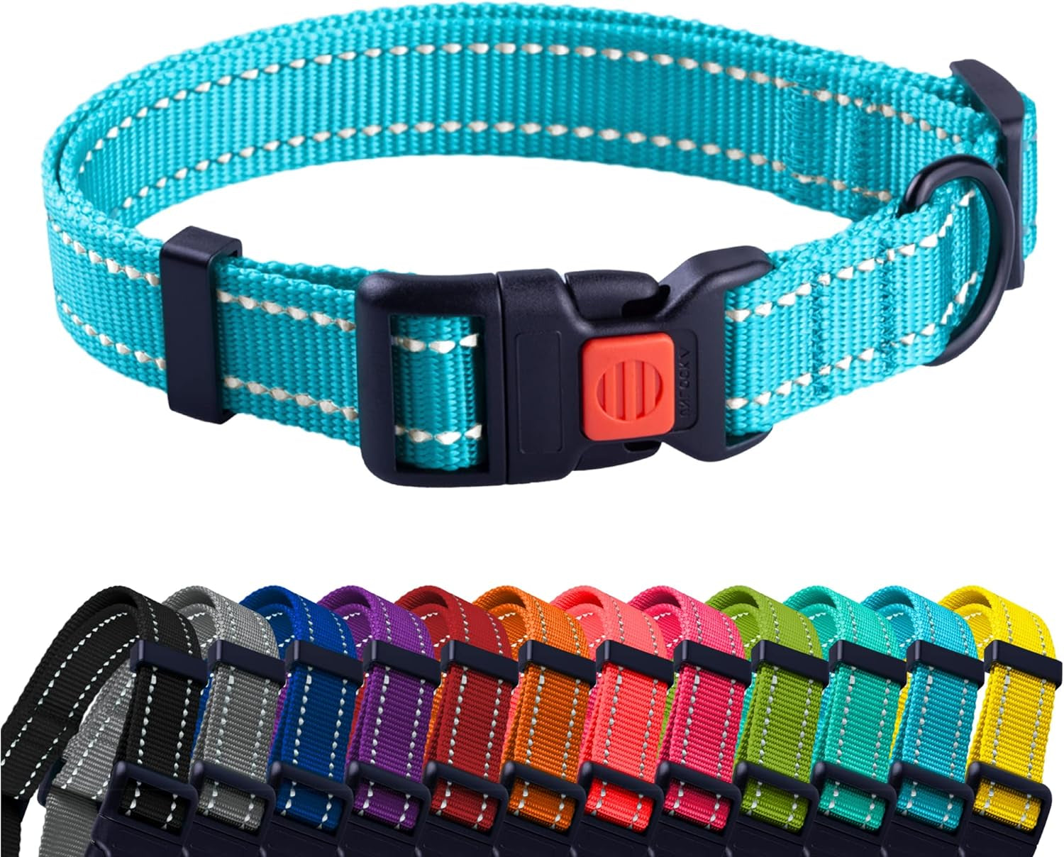 Teal dog collar with multiple color options displayed below on a white background