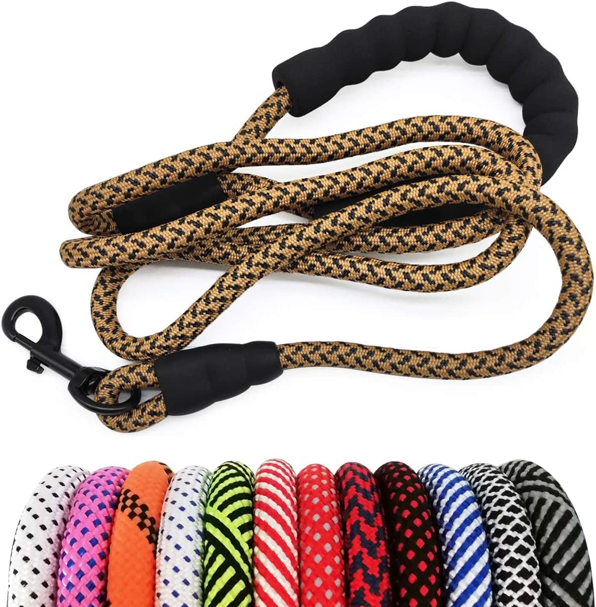 Dog leash with black handle and patterned design, displayed with color options below on a white background.