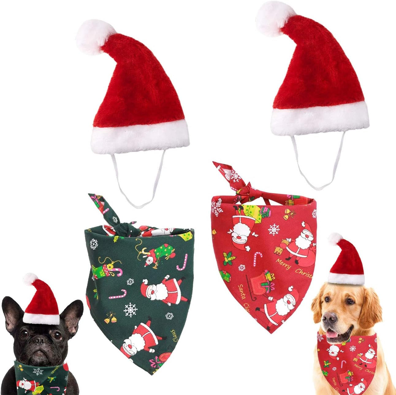 Christmas Dog Bandana & Santa Hat Set  - Holiday Scarf for Dogs & Cats