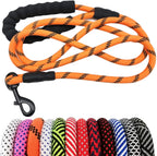 Orange dog leash with black handle and clip, surrounded by other colorful leashes on a white background.