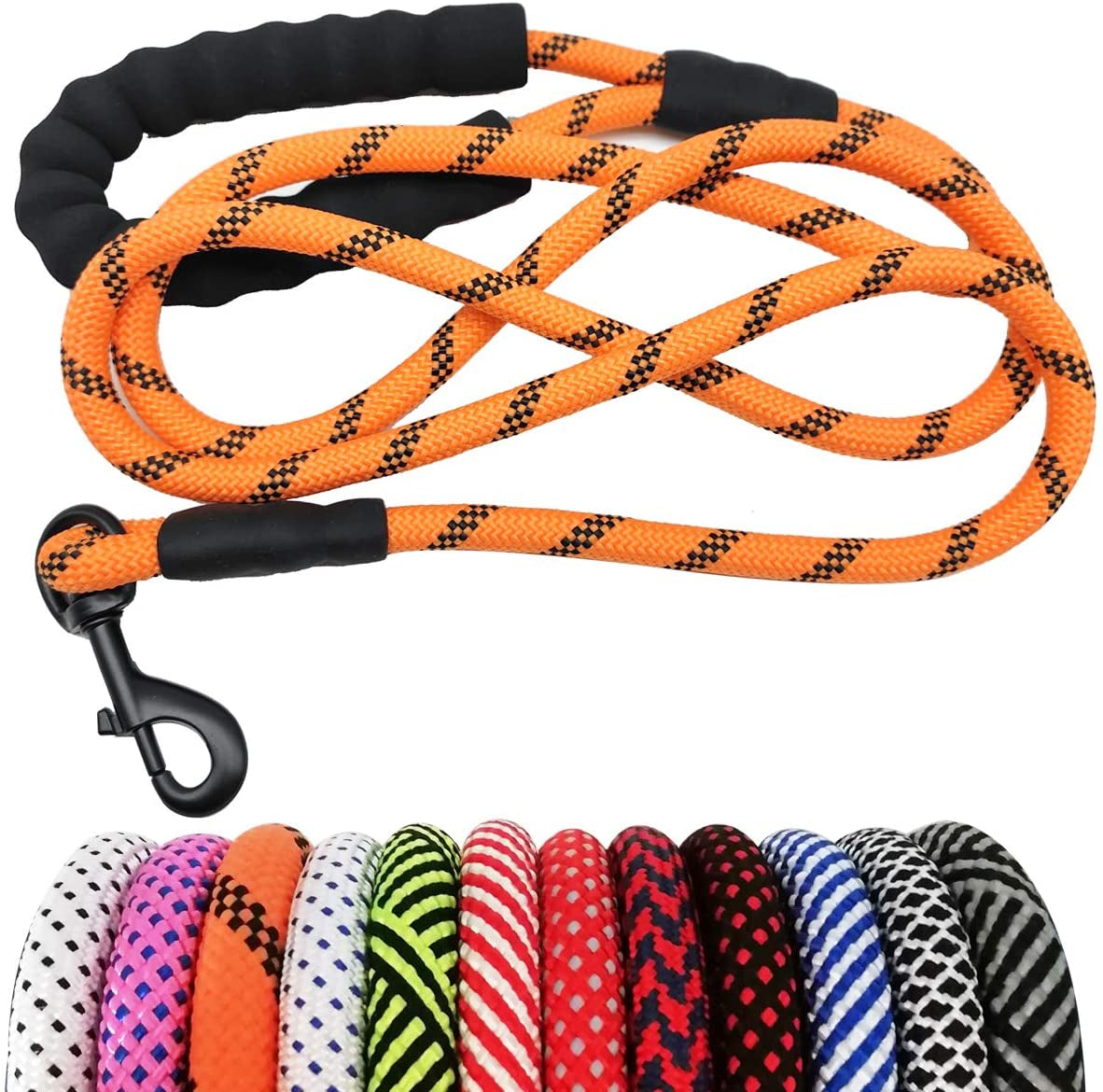 Orange dog leash with black handle and clip, surrounded by other colorful leashes on a white background.