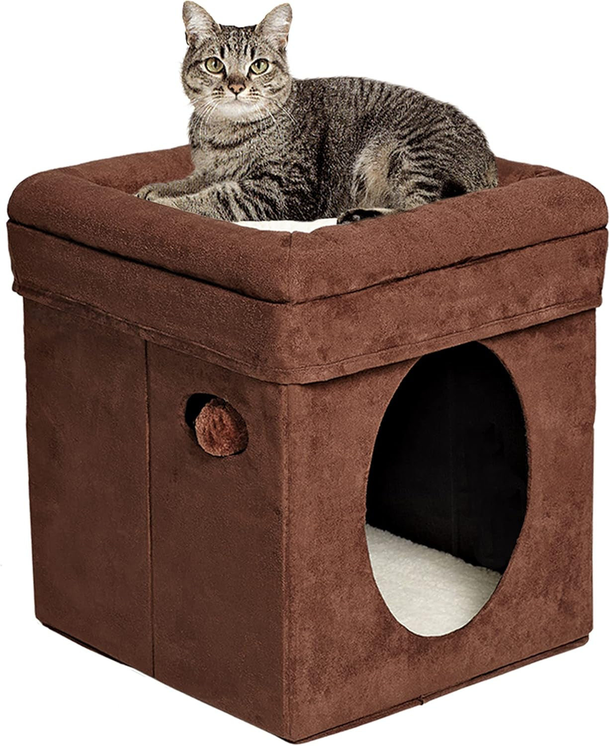 Feline Nuvo Curious Cat Cube, Foldable Cat Hideout with Toy, Bolstered Bed Top, Mushroom Diamond, Faux Fur