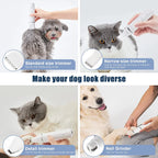 Pet grooming tool set with different size trimmers on a white background