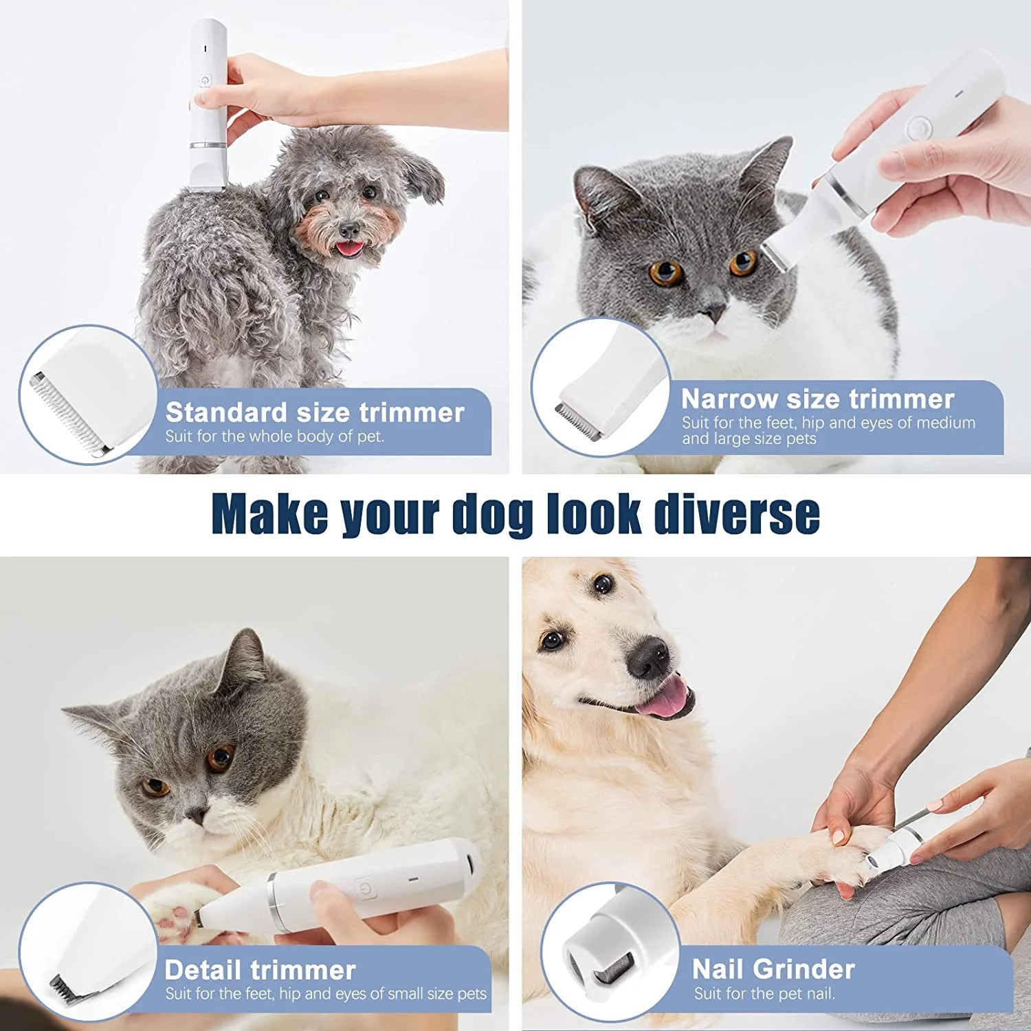 Pet grooming tool set with different size trimmers on a white background