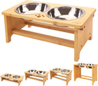 Wooden pet feeding station with two stainless steel bowls on a white background