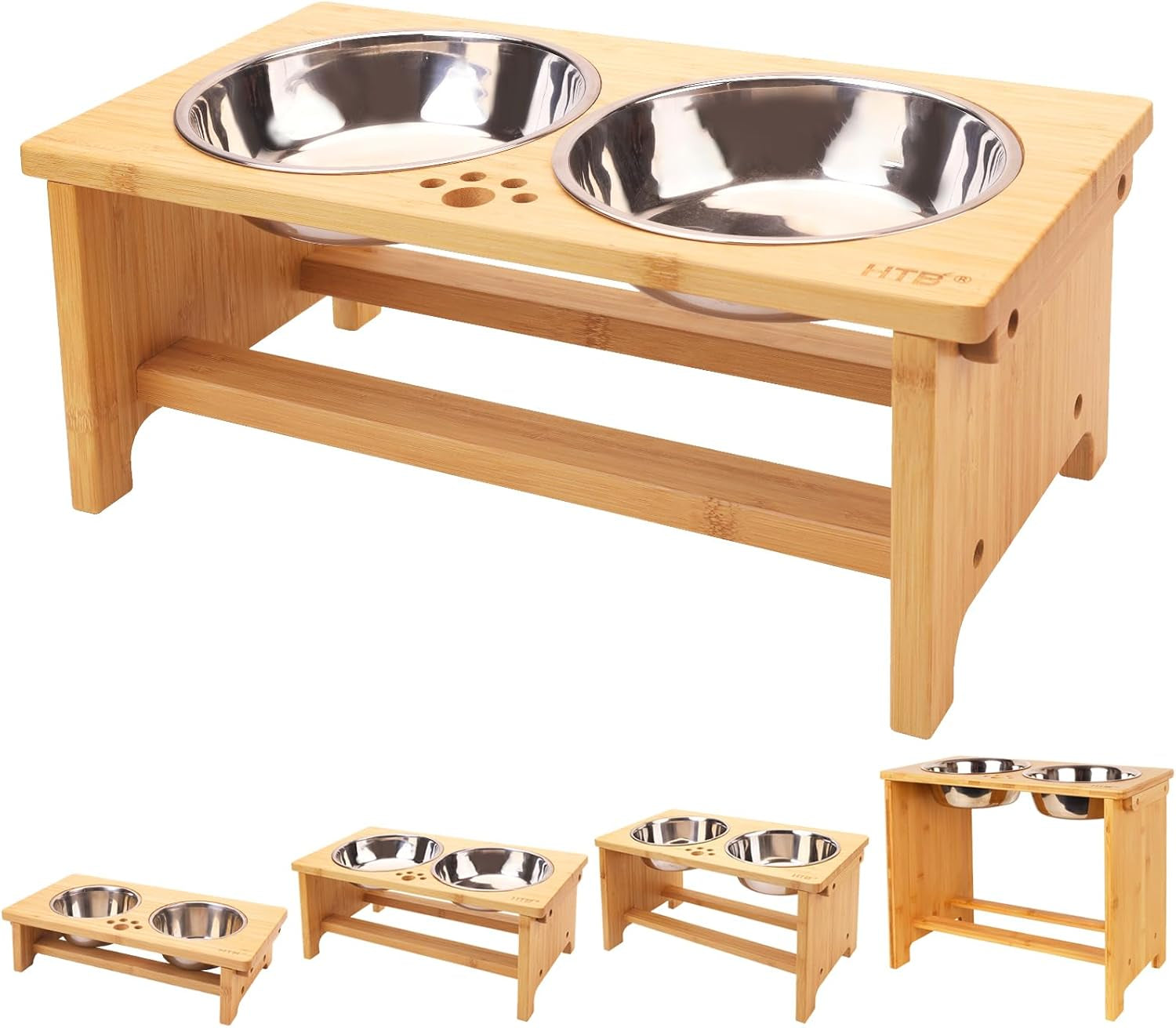 Wooden pet feeding station with two stainless steel bowls on a white background