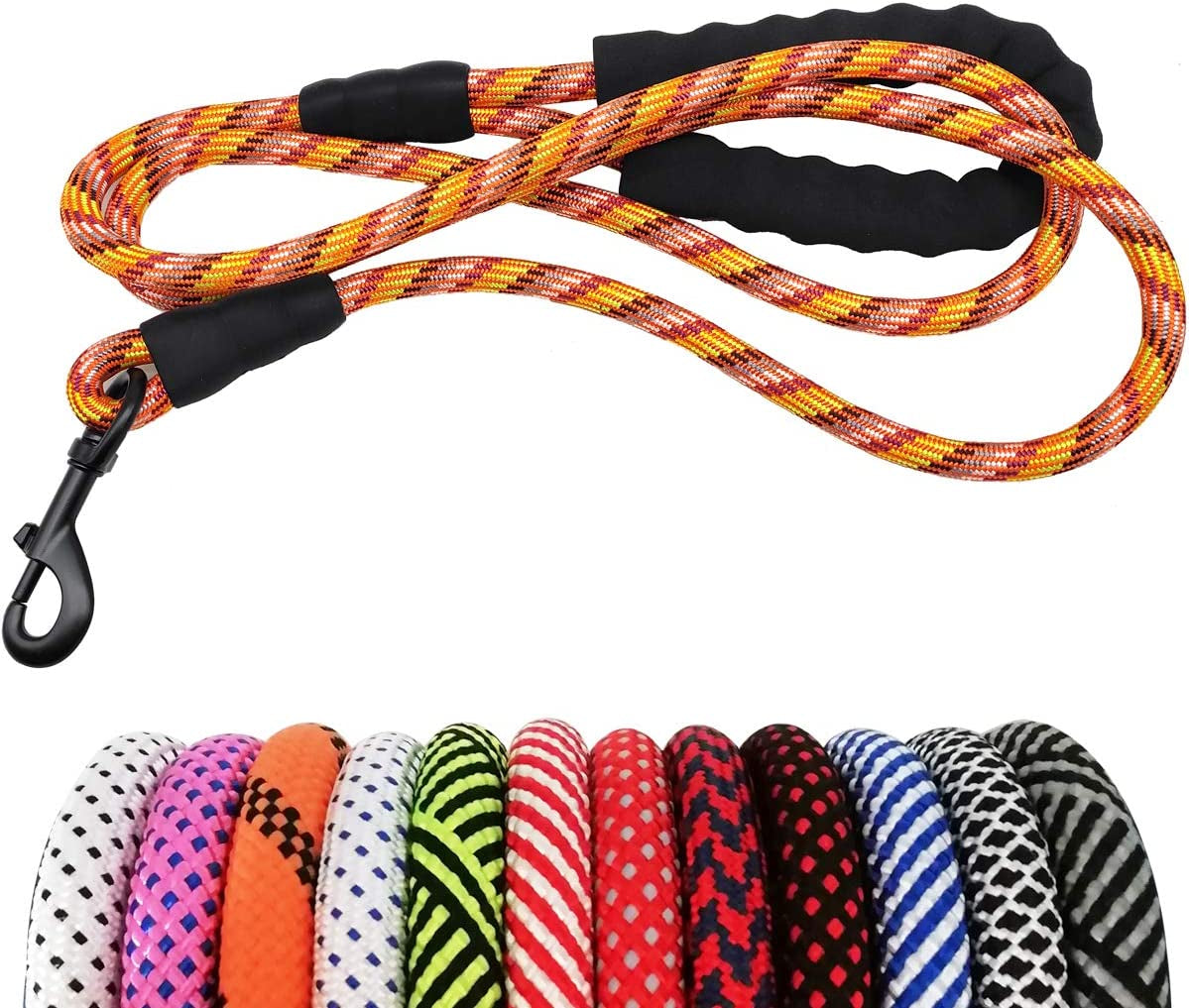 Dog leash with colorful patterns and a clip, displayed against a white background.