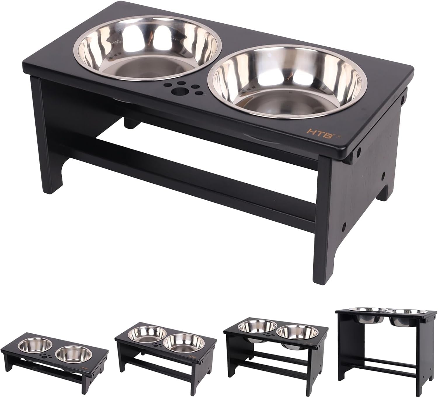 Black elevated pet feeder with two stainless steel bowls on a white background