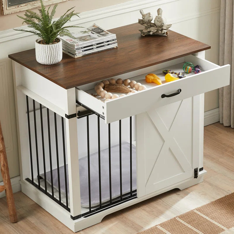 Large Dog Crate Furniture with Barn Door & Drawer – Rustic Wood