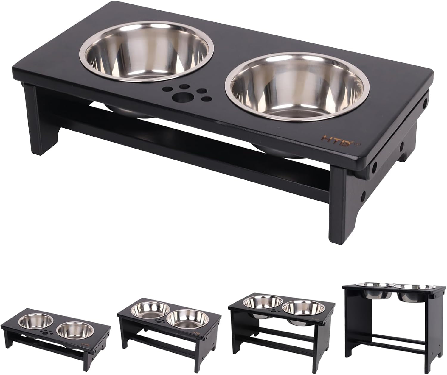 Black elevated pet feeder with two stainless steel bowls on a white background