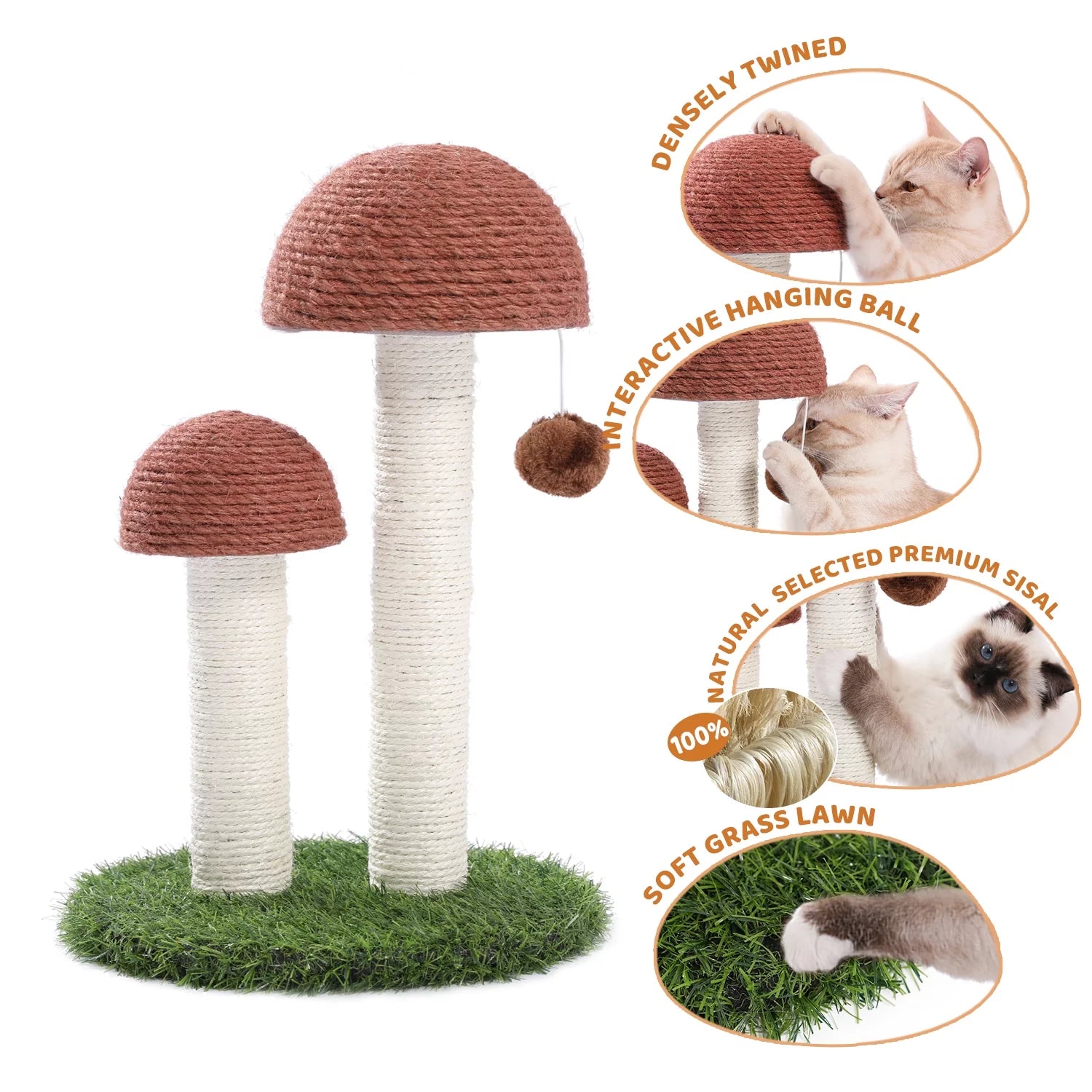 2 Mushrooms Cat Scratching Post – 19" Sisal Rope Cat Scratcher with Grass Base & Dangling Ball, Cute Mushroom Design for Kittens & Small Cats