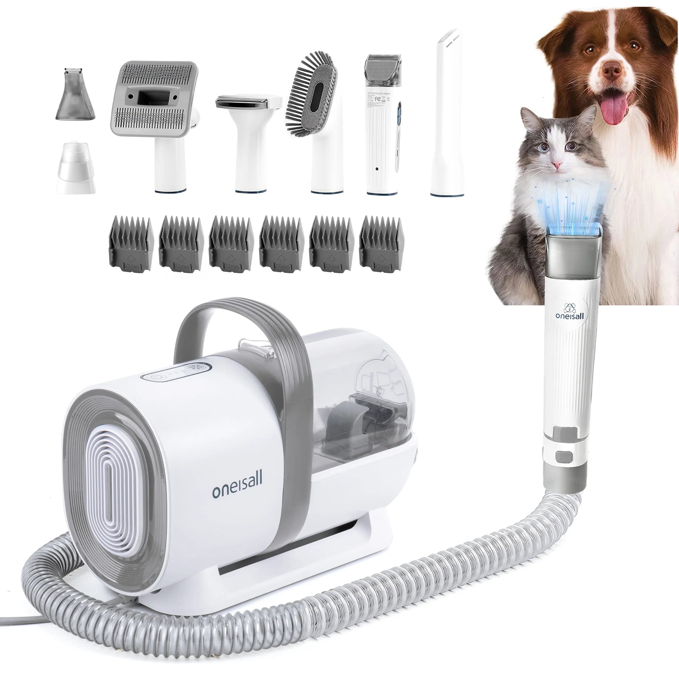 Oneisall 7-in-1 Dog Grooming Kit & Low Noise Pet Grooming Vacuum – 1.5L Large Dust Cup, 7 Professional Tools for Shedding, Hair Trimming & Home/Car Cleaning